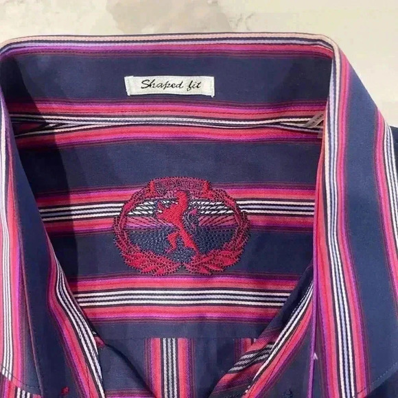 Bugatchi Uomo NWT Blue Pink Striped Dress Button Down Shirt Shaped Fit Men Large - Picture 5 of 9